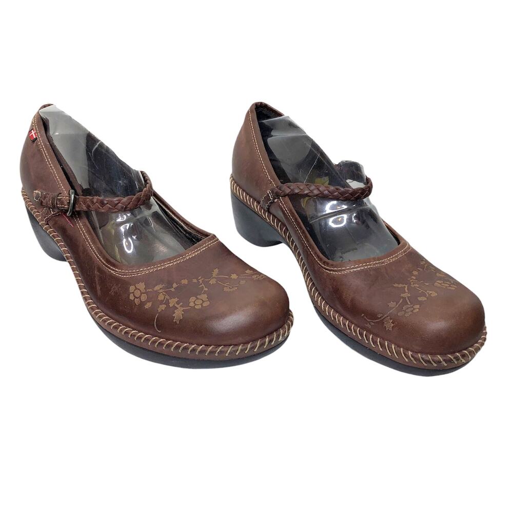 Ecco Shoe Mary Jane Engraved Floral Brown Leather Clog Square Toe Whipstitch 39
